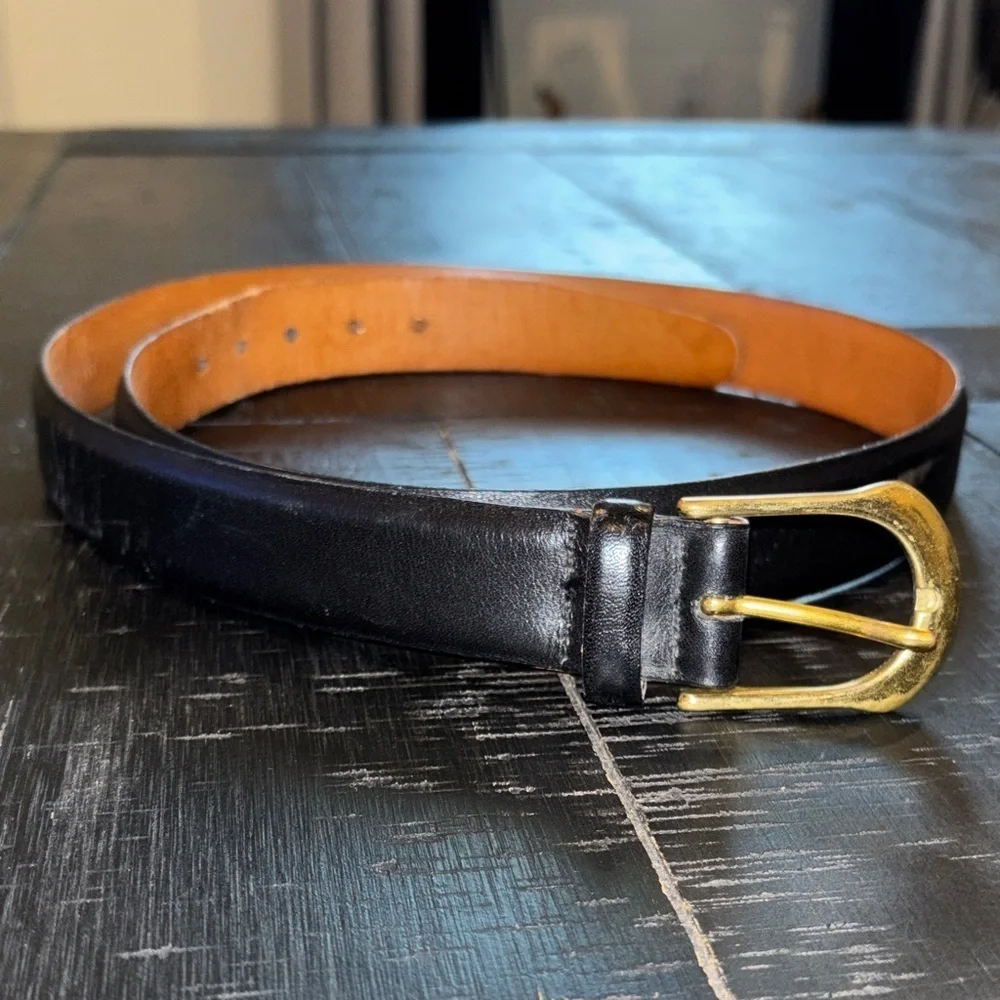 Martin Dingman Black Calfskin Leather Belt with Gold Brass Buckle Size 38